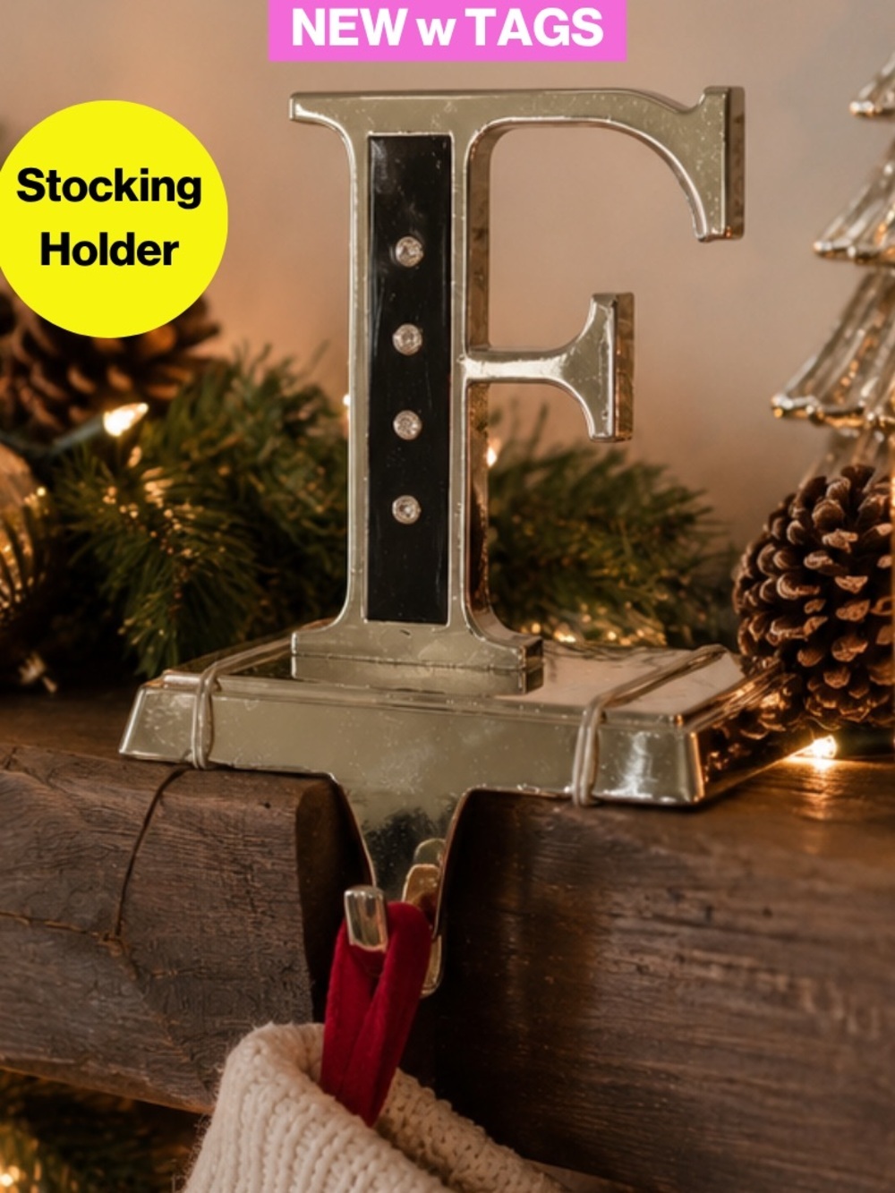 NEW w TAGS 🏷️ 2/for $20 🪩 “F” Initial -Christmas Stocking Holder w/Crystals